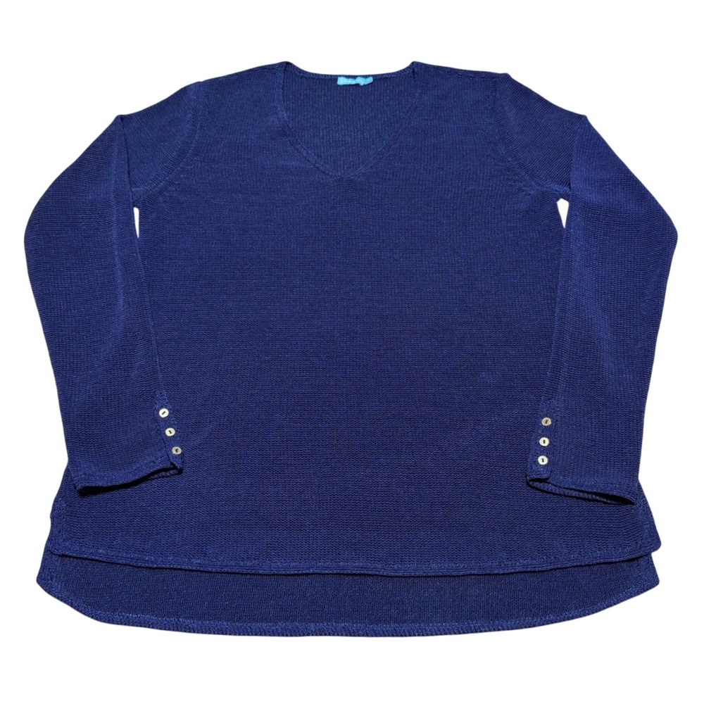 J McLaughlin V Neck Sweater Semi Sheer Navy Blue Women M Open Knit Lightweight